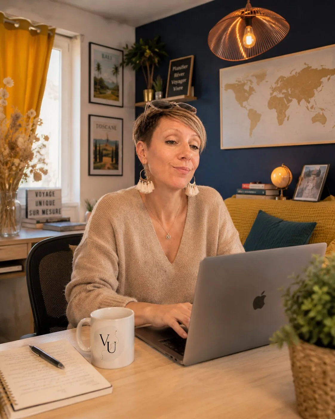 Dorothée, créatrice de Voyage Unique, organise un voyage sur mesure depuis son bureau